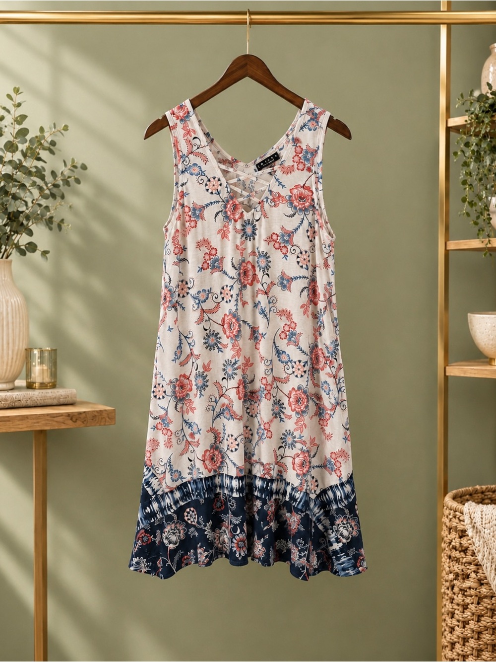 Trixxi Small Floral Border Print Crisscross Back Swing Dress